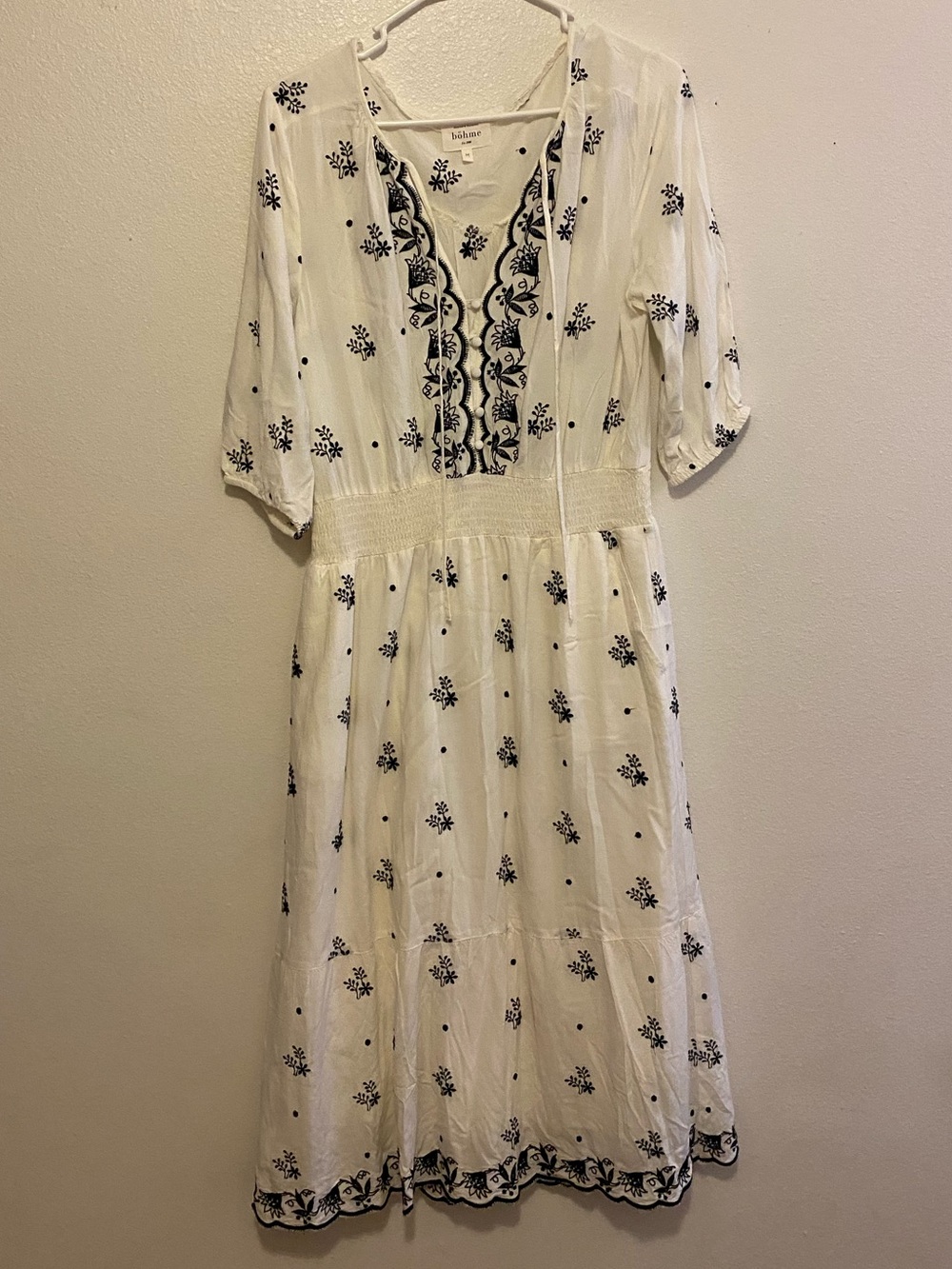 bohme White Midi Dress with Black Floral Embroidery